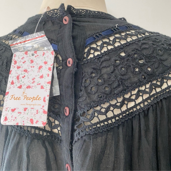 Free People Abigail Victorian Eyelet Lace Long Sleeve Blouse Black - XS - Picture 9 of 14